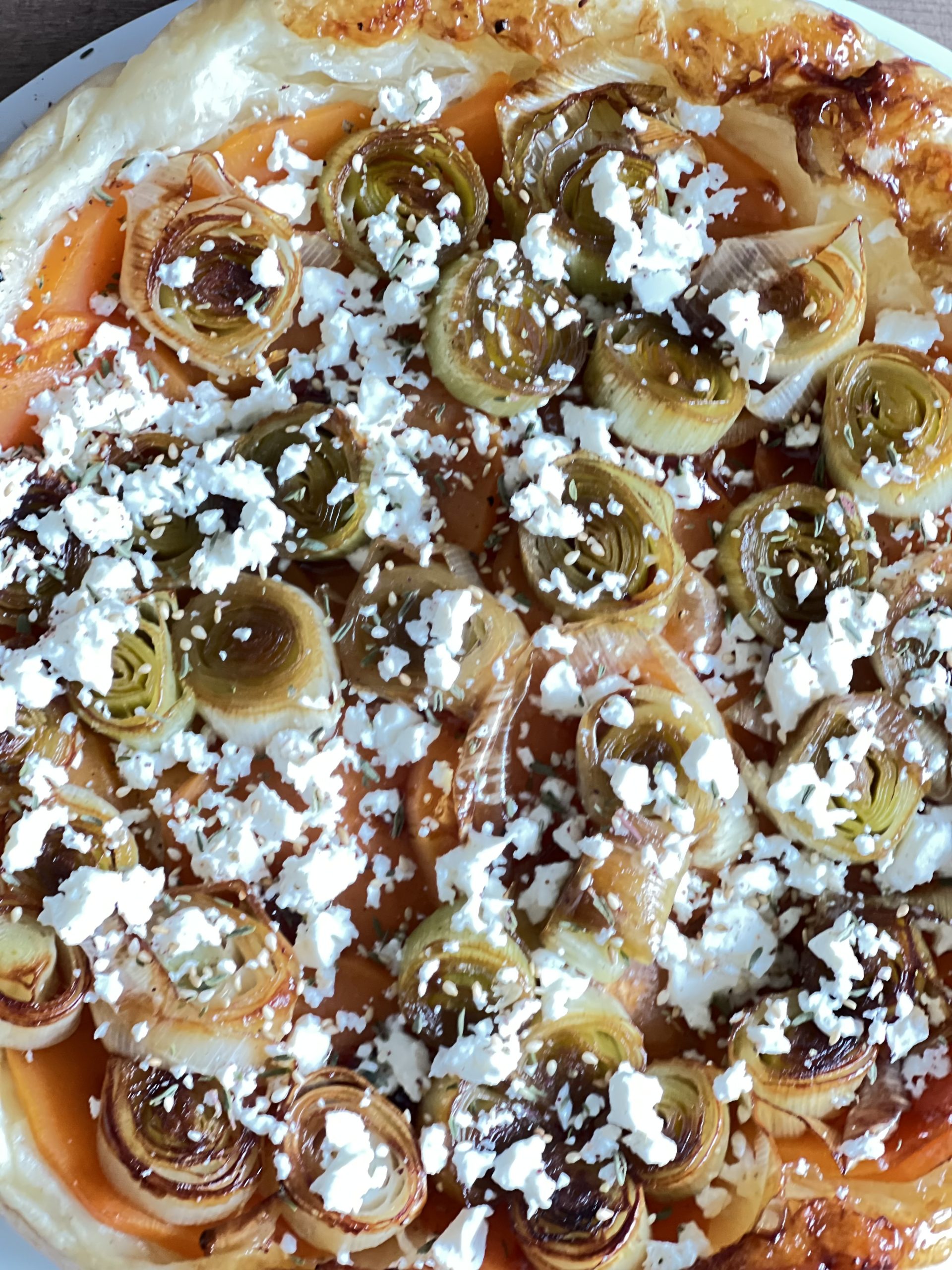 Tarte Tatin with leeks and sweet potatoes